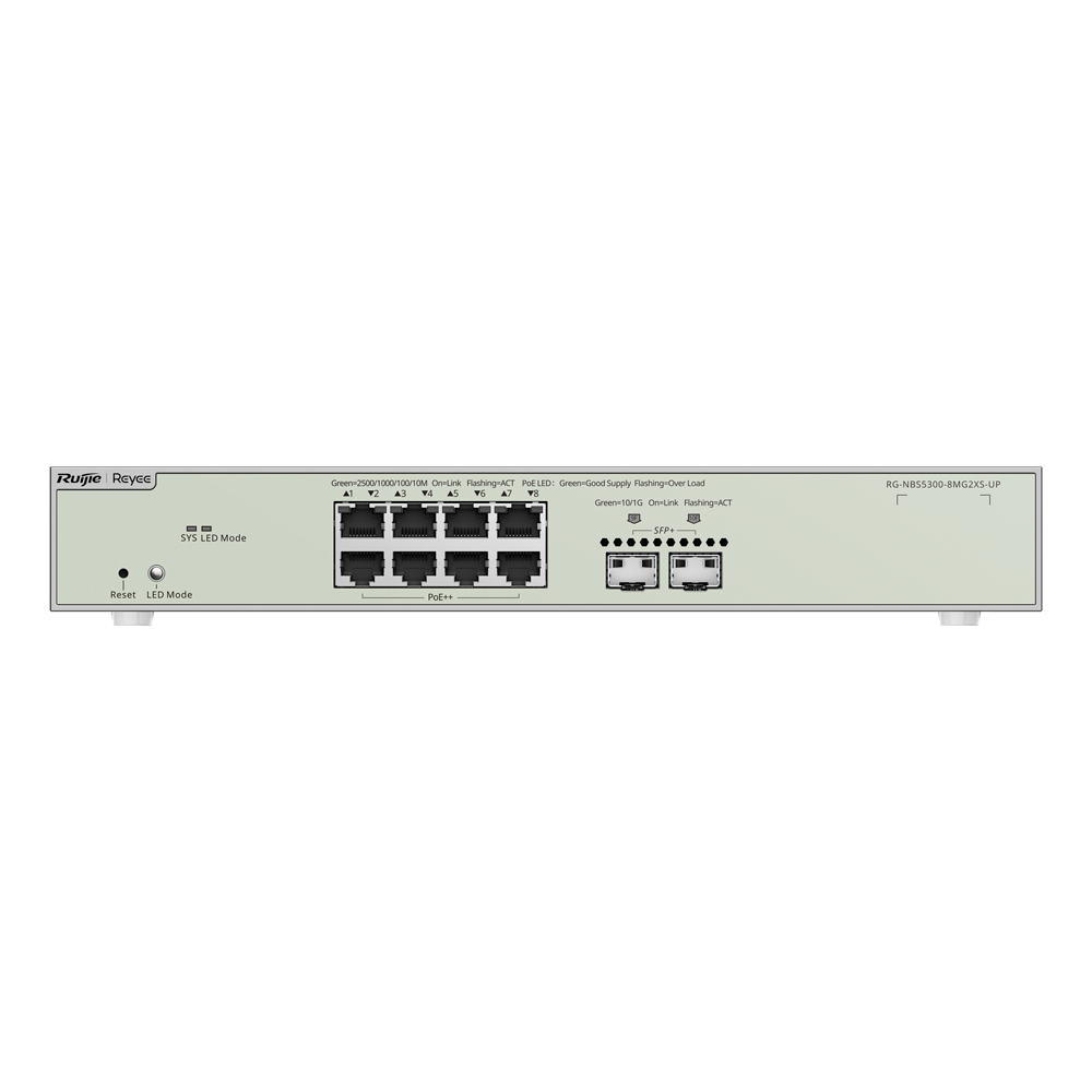 Ruijie Switch Cloud Managed L3 - 8 porte Hi-PoE RJ45 + 2 porte SFP+ - 8 Porte Multi-Gigabit + 2 Porte 10G - VLAN/Port Isolation/STP/RSTP/ACL - DHCP Snoop/IGMP Snoop - Montaggio su rack