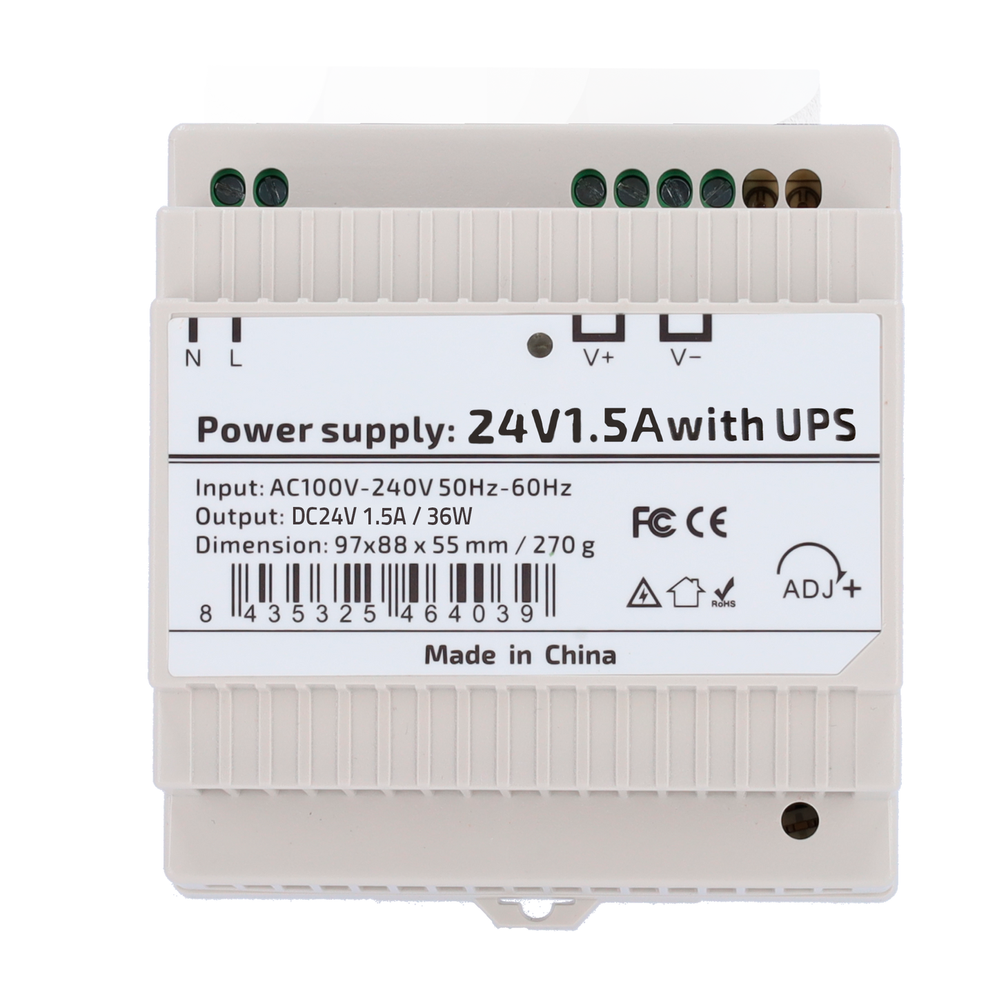 Power supply - output DC 24V 1.5A / 36W - Input voltage AC 100V ~ 240V 50Hz-60Hz - 97 (Fo) x 55 (Al) x 88 (An) mm - DIN rail mounting - Protection: Overload/Overvoltage/ Short circuit