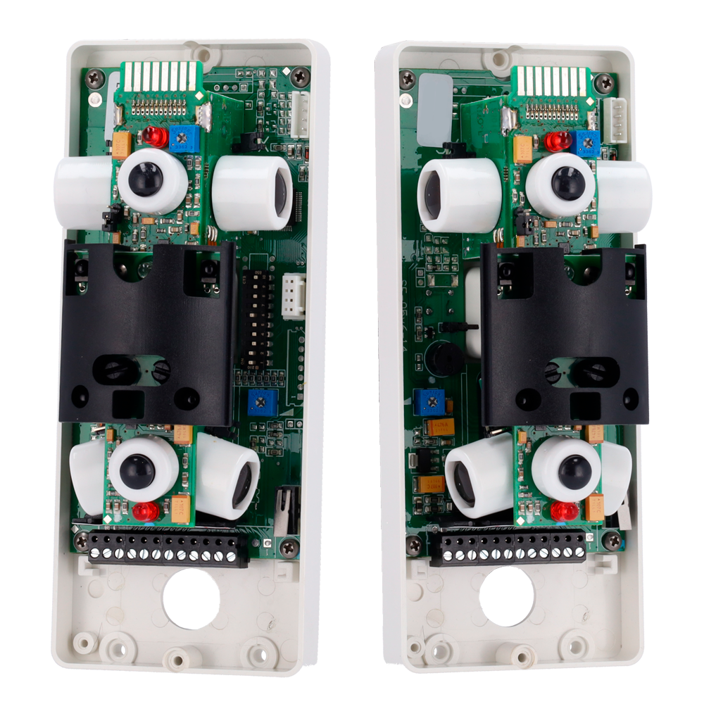 Rilevatore da esterno cablato Duevi - Doppio PIR su ciascun lato e doppio PIR frontale - Copertura totale 180º / Antimasking - Alimentazione 9.6 ~ 14.5 VDC - Compatibile con i sistemi di allarme cablati - Uso esterno IP54 / Antivandalo IK10