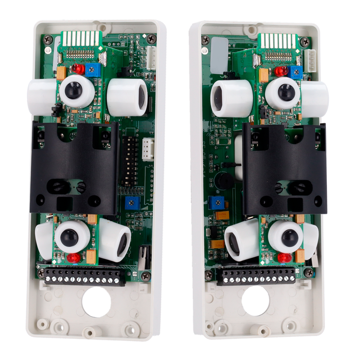 Rilevatore da esterno cablato Duevi - Doppio PIR su ciascun lato e doppio PIR frontale - Copertura totale 180º / Antimasking - Alimentazione 9.6 ~ 14.5 VDC - Compatibile con i sistemi di allarme cablati - Uso esterno IP54 / Antivandalo IK10