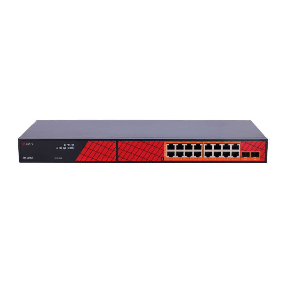Safire Hi-PoE Switch - 16 PoE Ports + 2 SFP - Gigabit Port Speed ​​10/100/1000Mbps - 14 PoE+ 30W Ports + 2 Hi-PoE 60W Ports - PoE Watchdog - Up to 300W Total PoE Power