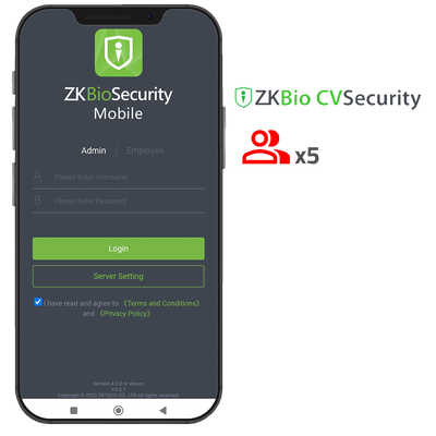 Licencia APP de ZKBio CVSecurity - Capacidad 5 administradores - Gestión usuarios y eventos - Aperturas remotas - Apta para Android y iOS - Necesaria licencia de accesos ZK-SOF-BIOCV-x