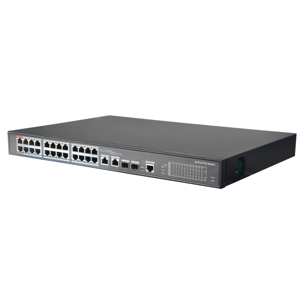 Switch PoE X-Security adatto per rack - 24 porte PoE + 2 Gigabit Combo Port - Velocità 10/100 Mbps - 90W porte 1 y 2 / 30W porte 3-24 / Massimo 240W - VLAN/STP/RSTP/QoS/802.1X - LACP/Static LAG/IGMP Snooping/Port Mirroring