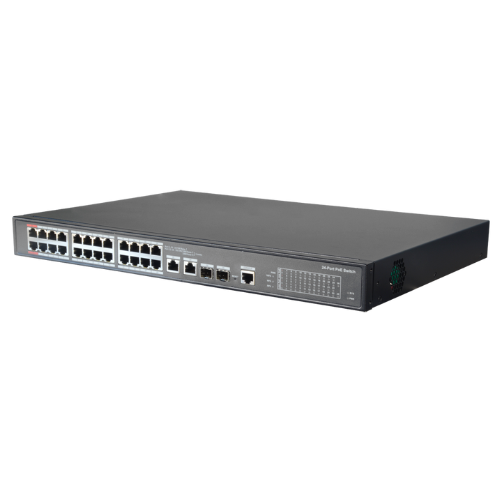 Switch PoE X-Security adatto per rack - 24 porte PoE + 2 Gigabit Combo Port - Velocità 10/100 Mbps - 90W porte 1 y 2 / 30W porte 3-24 / Massimo 240W - VLAN/STP/RSTP/QoS/802.1X - LACP/Static LAG/IGMP Snooping/Port Mirroring