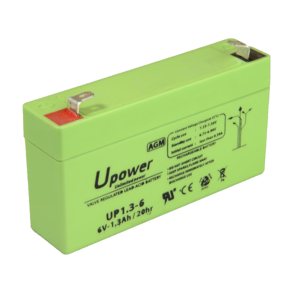 Upower - Batteria ricaricabile - Tecnologia piombo-acido AGM - Voltaggio 6 V - Capacità 1.3 Ah - 97 x 57.5x x 24/ 290g - Per backup o uso diretto