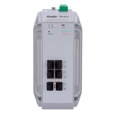 Reyee Switch Industriale PoE Cloud Layer 2 - 4 porte PoE+ Gigabit + 2 porte SFP Gigabit - 30W per porta 802.3af/at / Massimo 120W - Static LAG/DHCP Snooping/IGMP Snooping/Port Mirroring - VLAN/Loop Prevention/STP/RSTP/ACL/Watchdog - Montaggio su guida DIN