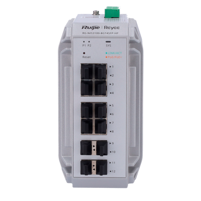 Reyee Switch Industriale PoE Cloud Layer 2 - 8 porte PoE+ Gigabit + 4 porte SFP Gigabit - 30W per porta 802.3af/at / Massimo 240W - Static LAG/DHCP Snooping/IGMP Snooping/Port Mirroring - VLAN/Loop Prevention/STP/RSTP/ACL/Watchdog - Montaggio su guida DIN