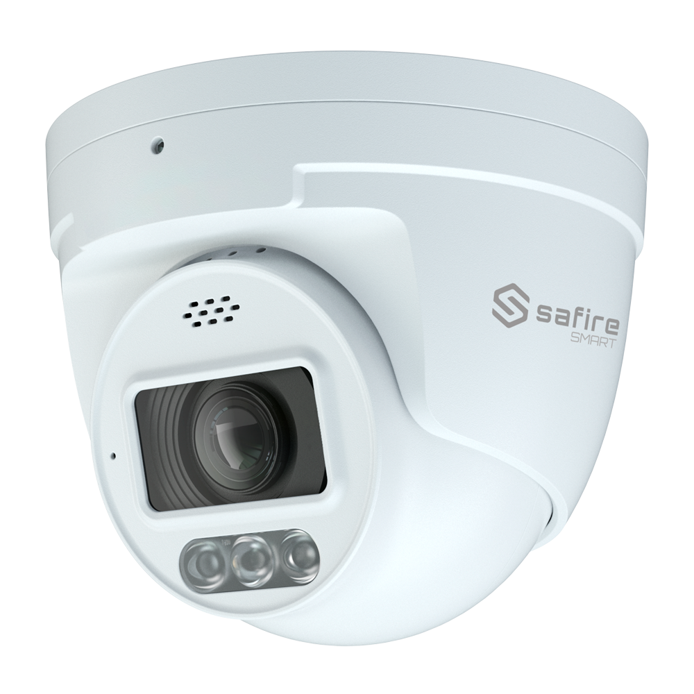 Safire Smart - Cámara Turret IP gama I1 con Disuasión activa - Resolución 4 Megapíxel (2566x1440) - Lente 2.8-12 mm | MIC & Speaker | Duallight 40m - AI: Clasificación de humano y vehículo - Impermeabilidad IP67 | PoE (IEEE802.3af)