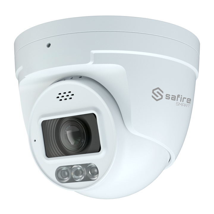 Safire Smart - Cámara Turret IP gama I1 con Disuasión activa - Resolución 4 Megapíxel (2566x1440) - Lente 2.8-12 mm | MIC & Speaker | Duallight 40m - AI: Clasificación de humano y vehículo - Impermeabilidad IP67 | PoE (IEEE802.3af)