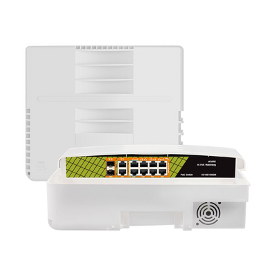 Switch PoE per esterni - 8 porte PoE + 2 Uplink RJ45 + 2 SFP - Velocità Gigabit (8 PoE + 2 Uplink + SFP) - A 60 W in totale per tutte le porte - Standard IEEE802.3at PoE+ / af PoE / bt Hi-PoE - Protezione da Fulmini 6KV, ESD 8KV