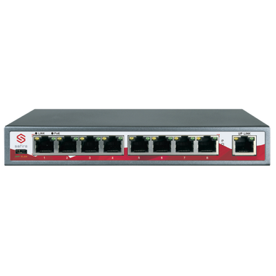 Switch PoE - 8 porte PoE + 1 Uplink RJ45 - Velocità 10/100 Mbps - 25.5 W per porta / Massimo 120W - Modalità TVCC: fino a 250m di portata - Norma IEEE802.3at (PoE) / af (PoE+)