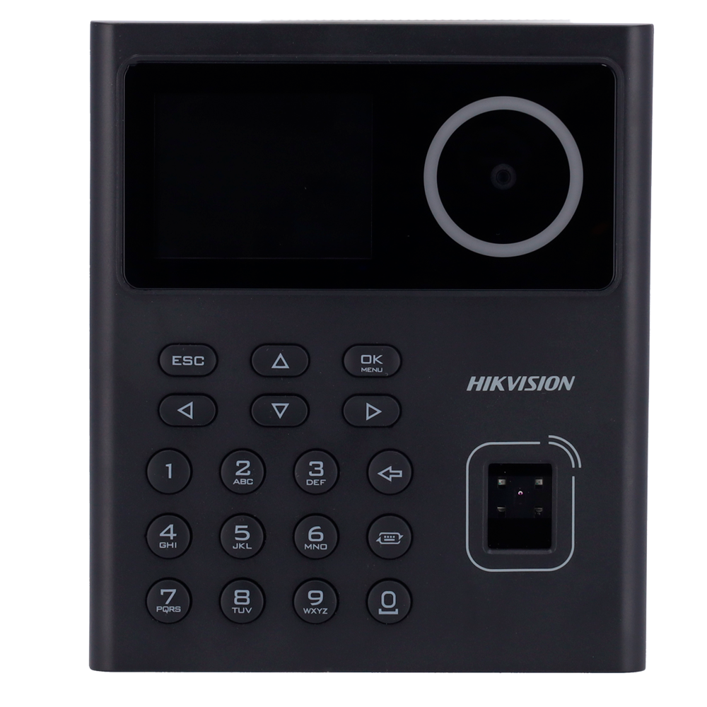 Control de acceso y asistencia - Reconocimiento facial, huella, tarjeta EM y PIN - 500 usuarios | 100.000 registros - TCP/IP y USB - Controlador integrado (sensor, botón y relé) - iVMS-4200 | Hik-Conectar