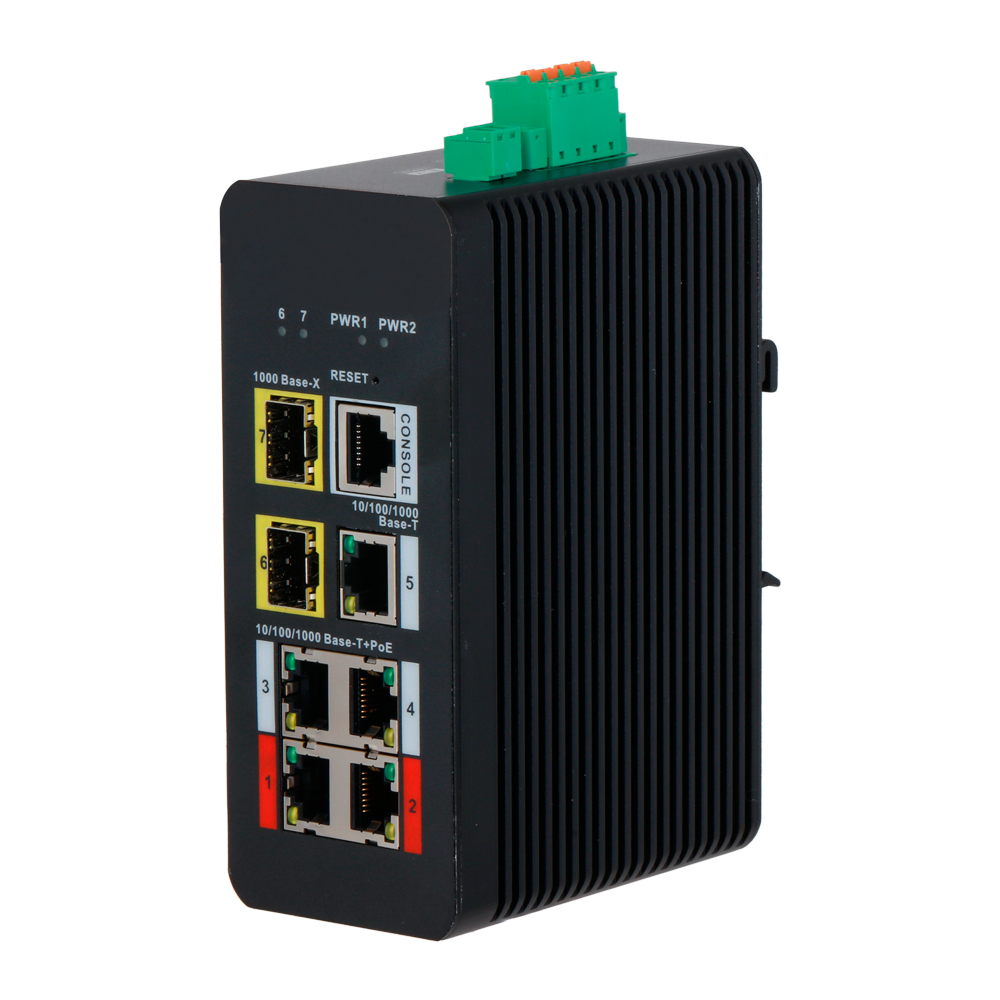 Switch PoE X-Security Carril DIN - 4 puertos PoE RJ45 + 1 puerto RJ45 + 2 SFP - Velocidad 10/100/1000 Mbps - 90W puertos 1-2 / 30W puertos 3-4 / Máximo 120W - PoE/PoE+/Hi-PoE / Hasta 250m / PoE Watchdog - VLAN/STP/RSTP/ERPS/LACP/StaticLAG/IGMP Snooping