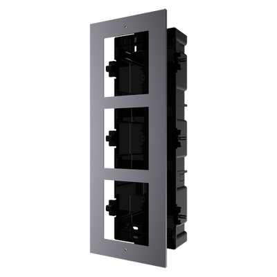 Front panel and flush-mounted register box - For 3 modules - Specific for Safire video door phone systems - Compatible with Safire modules - Plastic box - Aeronautical aluminum panel