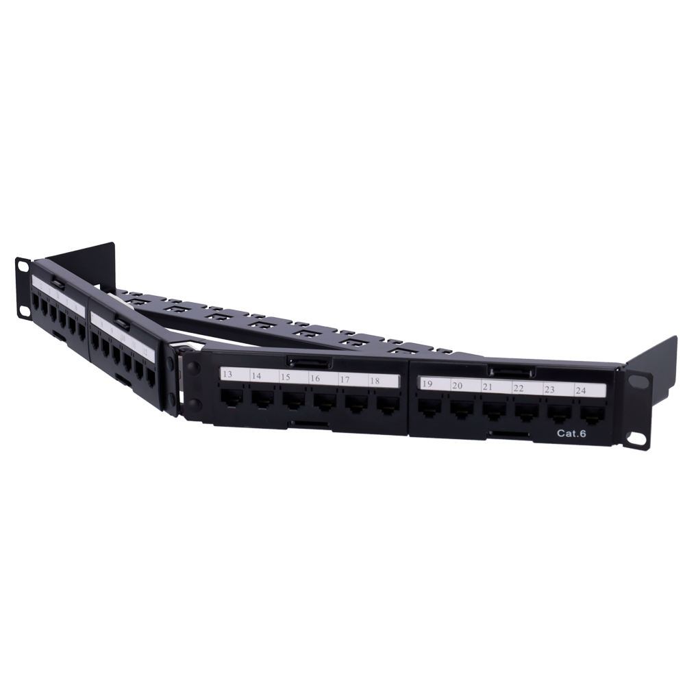 24-port UTP corner patch panel - Admits cables up to CAT6 - 1U rack format - 1U size for ease of installation - Cable fixing bar - - - -