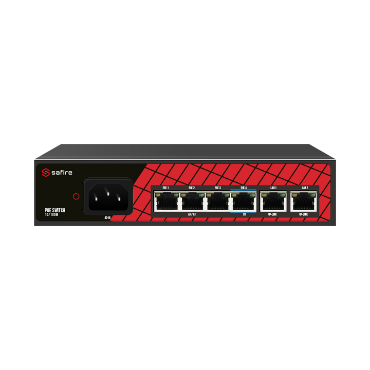 Safire Switch Hi-PoE - 4 porte PoE + 2 Uplink RJ45 - Velocità porte 10/100Mbps - 3 Porte PoE+ 30W + 1 Porta Hi-PoE 60W - PoE Watchdog - Auto PoE esteso fino a 250m