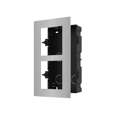 Front panel and recessed register box - For 2 modules - Specific for Hikvision video intercoms - Compatible with Hikvision modules - Plastic box - Panel made of stainless maple