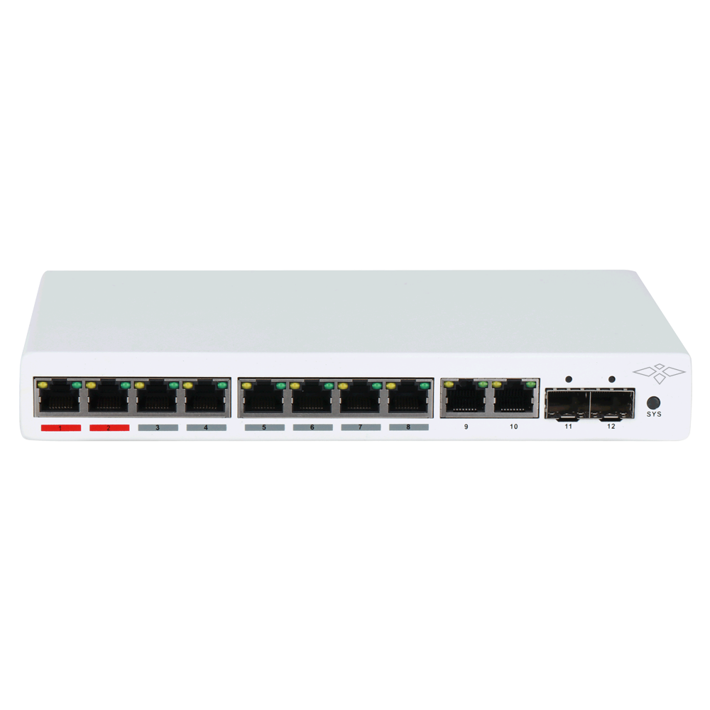 Switch PoE X-Security - 8 porte PoE + 2 Uplink RJ45 + 2 SFP - Velocità 10/100/1000 Mbps - 90W porta 1-2 / 30W porte 3-8 / Massimo 110W - VLAN/STP/RSTP/MSTP/QoS/802.1X - LACP/Static LAG/Port Mirror/DHCP Server