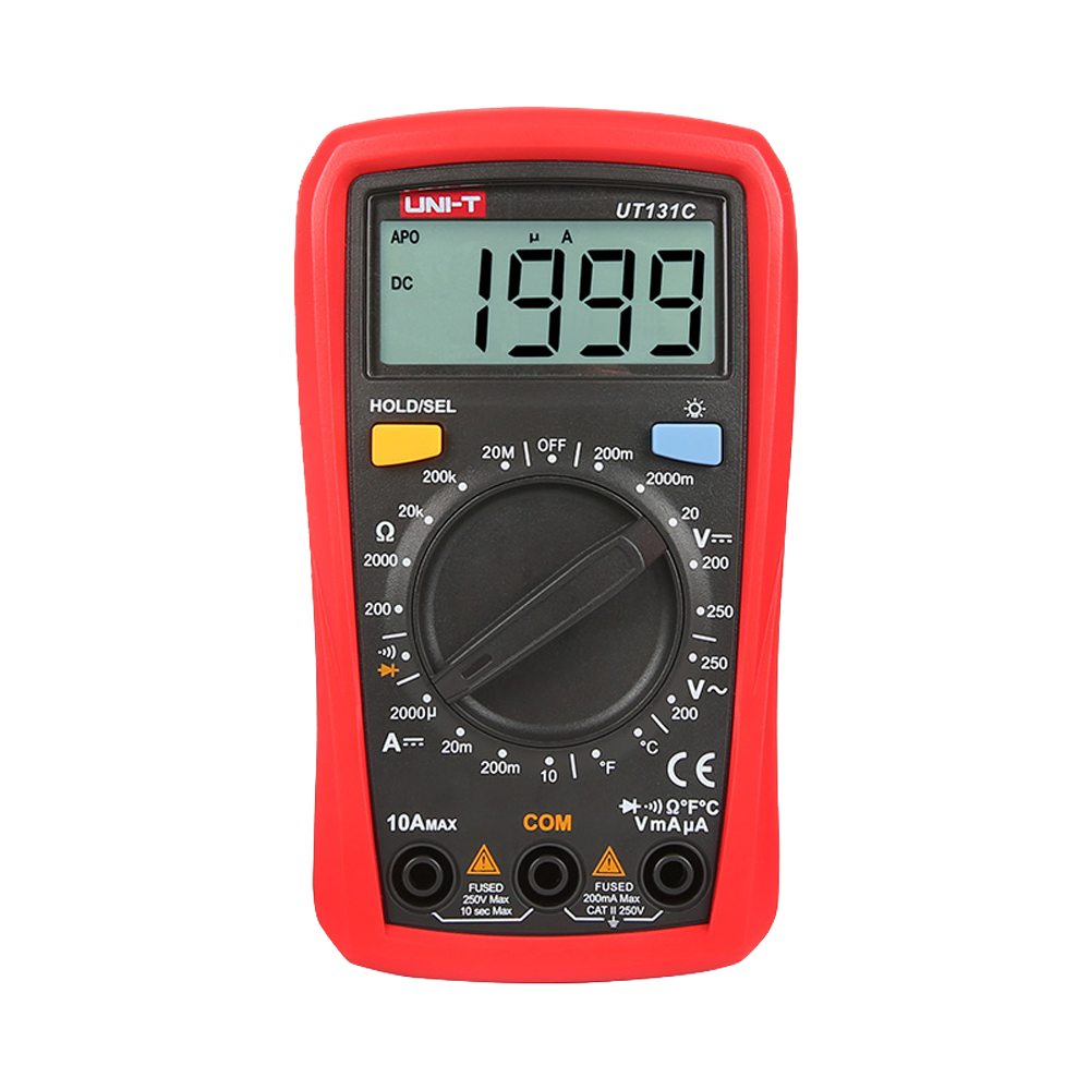 LCD handheld digital multimeter - DC and AC voltage measurement up to 250V - DC current measurement up to 10A - Temperature measurement - Resistance measurement - Buzzer for continuity test