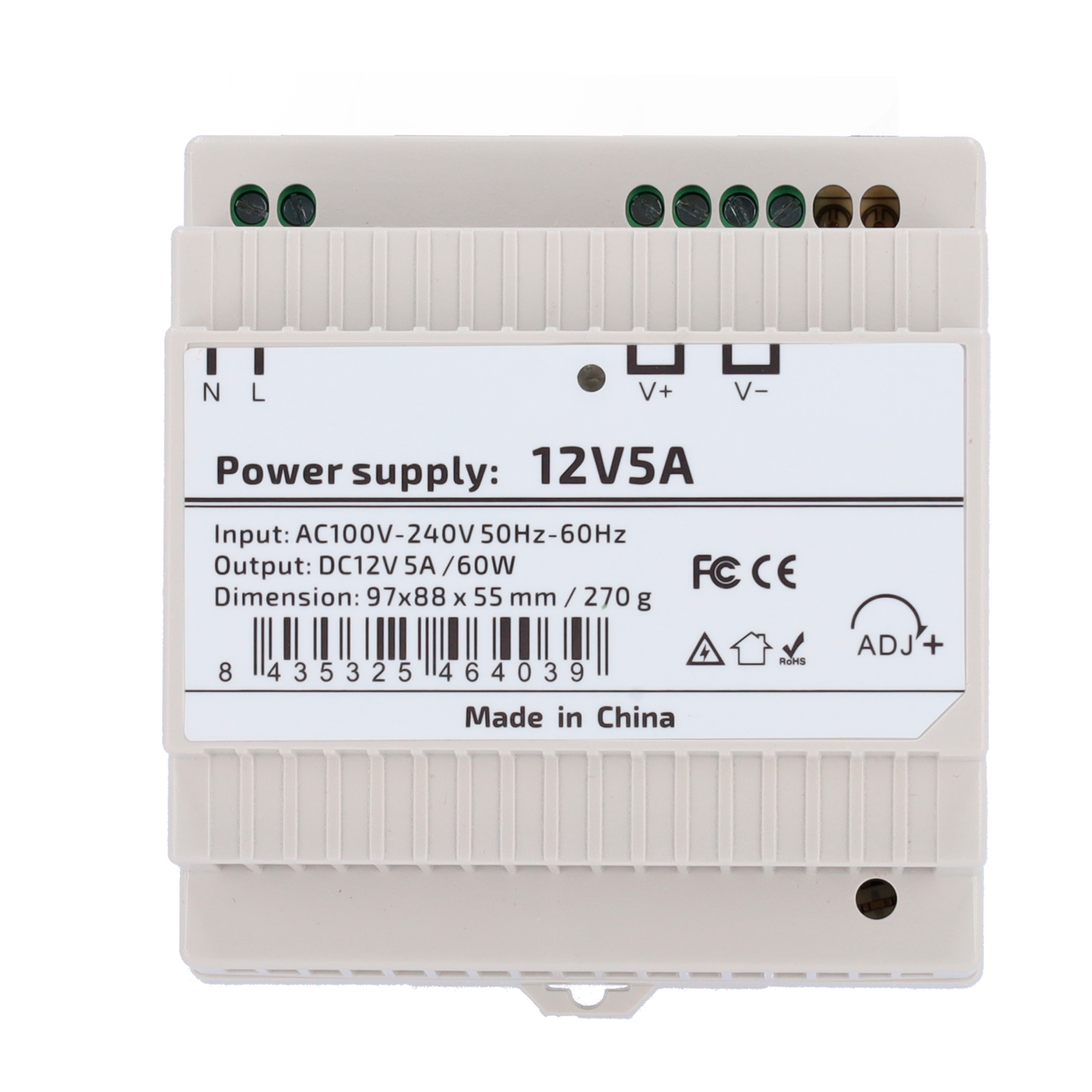 Alimentatore  - uscita DC 12 V 5 A / 60 W - Tensione in ingresso AC 100V ~ 240V 50Hz-60Hz -  97 (P) x 55 (I) x 88 (H) mm - Montaggio su guida DIN - Protezione: Sovraccarico/Sovratensione/Cortocircuito