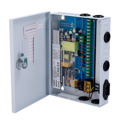 Power distribution box - 1 input AC 180-246 V 50-60Hz - 9 outputs with copper pair - Resettable protection fuse - Output voltage 12 V / 120 W - Metallic body