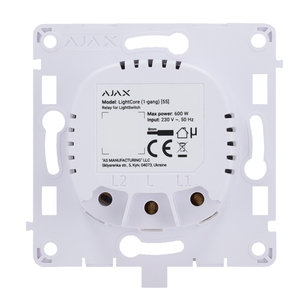 Ajax - LightSwitch LightCore (1 Gang) - Relè per interruttore smart singolo - Senza fili 868 MHz Jeweller - Range di comunicazione fino a 1100 m - Alimentazione 230 V AC 50 Hz - Non è necessario il neutro - Innowatt