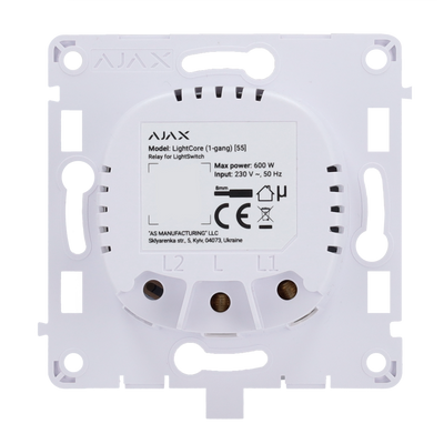 Ajax - LightSwitch LightCore (1 Gang) - Relè per interruttore smart singolo - Senza fili 868 MHz Jeweller - Range di comunicazione fino a 1100 m - Alimentazione 230 V AC 50 Hz - Non è necessario il neutro - Innowatt