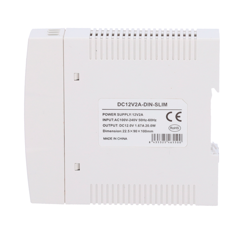 Power supply - DC 12 V 1.67 A / 20 W output - Input voltage 100-240VAC 50/60Hz - 23 x 100 x 92 mm - DIN rail mounting - Protection: Overload/Overvoltage/Short circuit