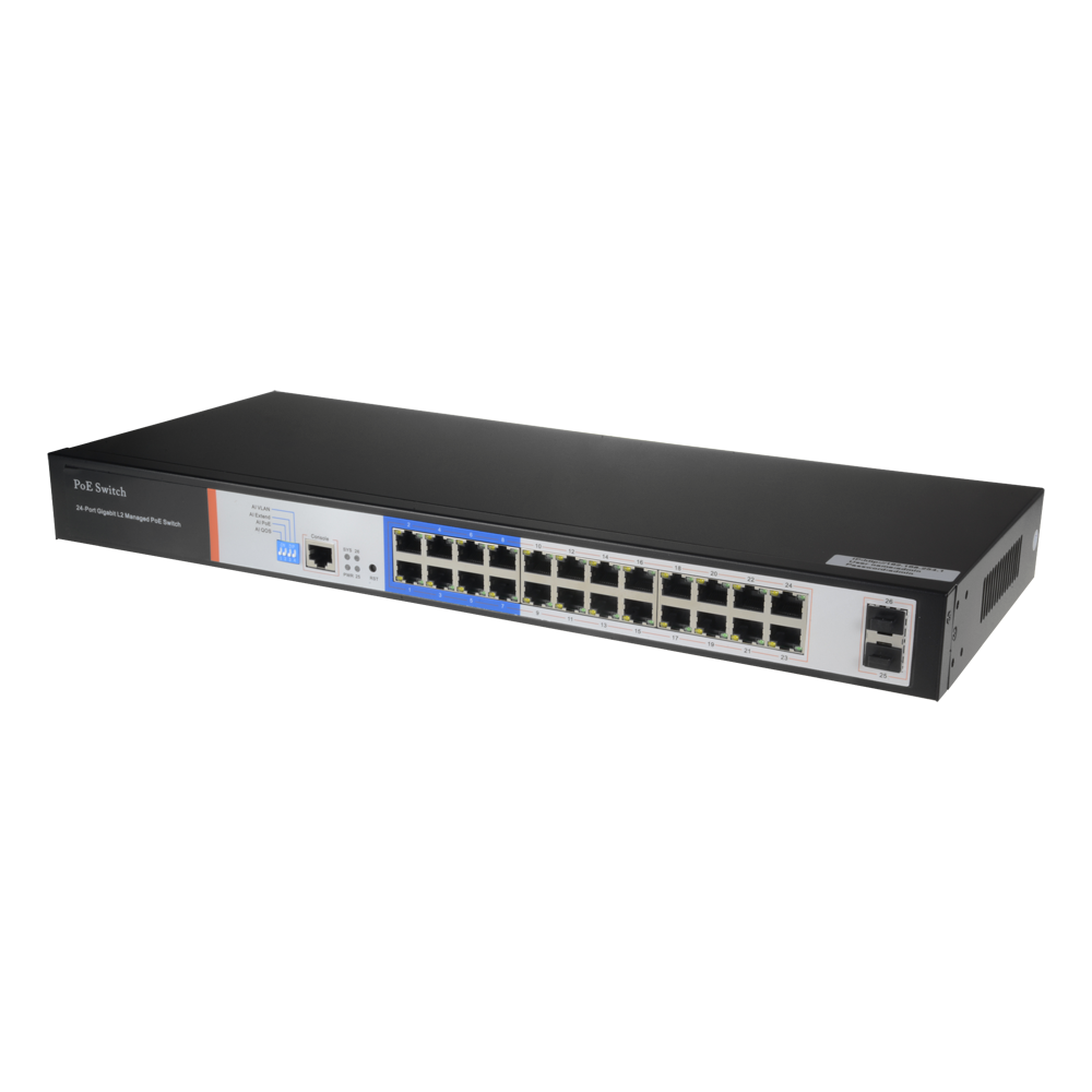 Switch PoE - 24 porte PoE + 2 Gigabit SFP - Velocità 10/100/1000 Mbps - 46 W per porta 802.3af/at / Massimo 250W - VLAN/STP/RSTP/MSTP/ACL/QoS/802.1X - LACP/Static LAG/DHCP Snooping/IGMP Snooping