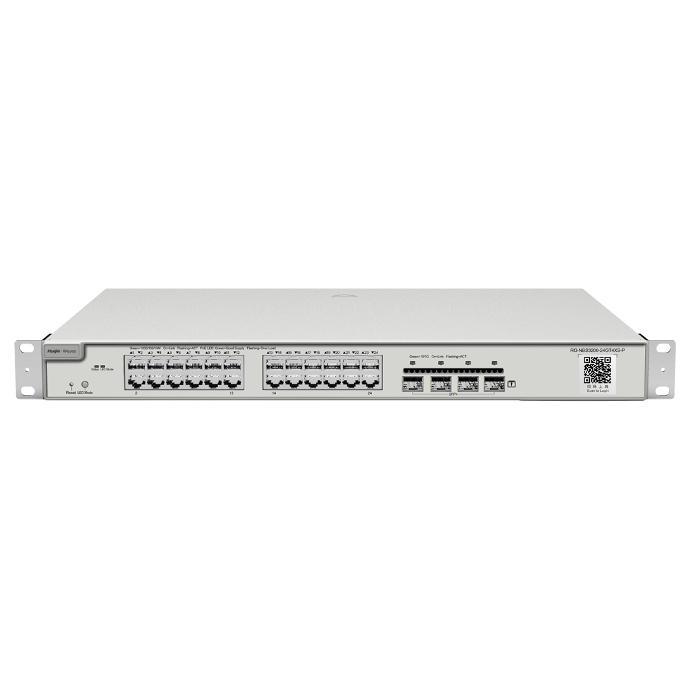 Reyee Switch PoE Cloud Layer  2 - 24 porte PoE Gigabit+ 4 10Gbps SFP+ - 30 W per porta 802.3af/at / Massimo 370W - Static LAG/DHCP Snooping/IGMP Snooping/Port Mirroring - VLAN/Port Isolation/STP/RSTP/ACL/QoS - Montaggio su rack
