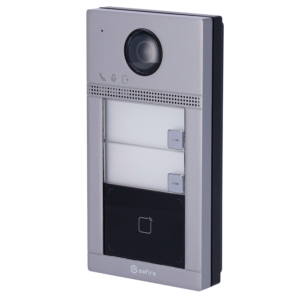 WiFi IP video intercom for 2 apartments - 2 Mp camera | Two-way audio - Opening with 2 relay MF card - Mobile app with or without monitor - Vandal-proof stainless steel - Standard PoE | Surface mounting