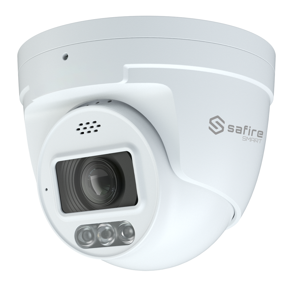 Safire Smart - Cámara Turret IP gama I1 con Disuasión activa - Resolución 4 Megapíxel (2566x1440) - Lente 2.8 mm | MIC & Speaker | Dual light 40m - AI: Clasificación de humano y vehículo - Impermeabilidad IP67 | PoE (IEEE802.3af)