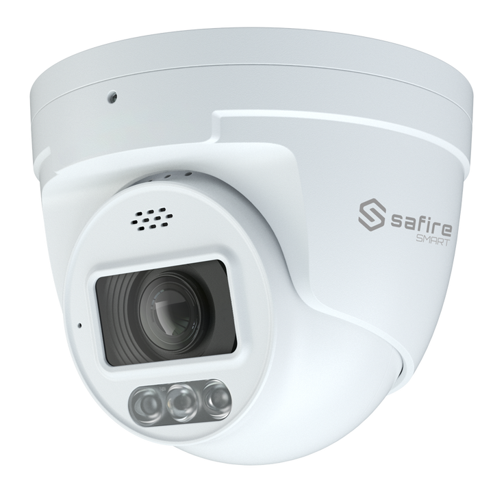 Safire Smart - Cámara Turret IP gama I1 con Disuasión activa - Resolución 4 Megapíxel (2566x1440) - Lente 2.8 mm | MIC & Speaker | Dual light 40m - AI: Clasificación de humano y vehículo - Impermeabilidad IP67 | PoE (IEEE802.3af)