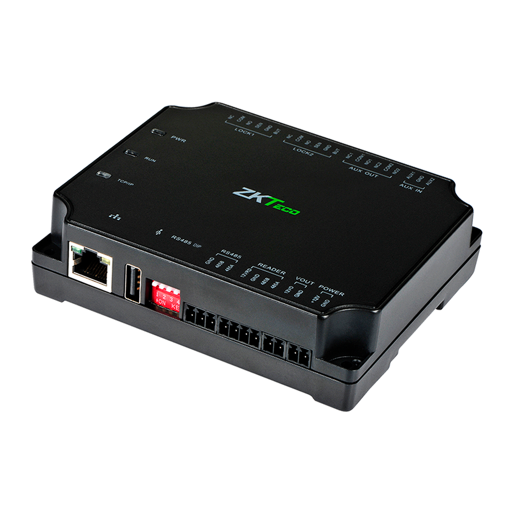 Controlador de Acceso RFID - Acceso con Tarjeta o Contraseña - TCP/IP | RS485 para ZK-SRB-DM10 - 4 lectores para ZKTeco OSDP - Salida de relé para 2 puertos - ZKBioAccess 5 puertos incluidos. Compatible con ZKBioCV