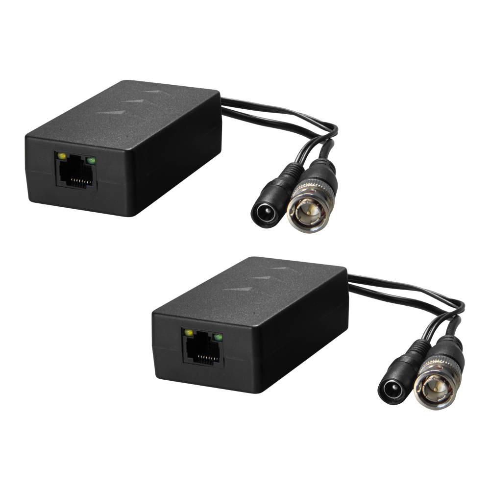 Trasmettitore passivo per doppino - Ottimizzato per HDTVI, HDCVI e AHD - 1 canale video e alimentazione - Connettore RJ45 (UTP), BNC e Jack - Distanza: 200 ~ 400 m - 2 unità, emissore e ricettore