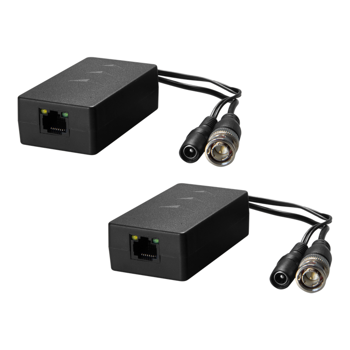 Passive twisted pair transmitter - Optimized for HDTVI, HDCVI and AHD - 1 video channel and power supply - RJ45 (UTP), BNC and Jack connector - Distance: 200 ~ 400 m - 2 units, emitter and receiver