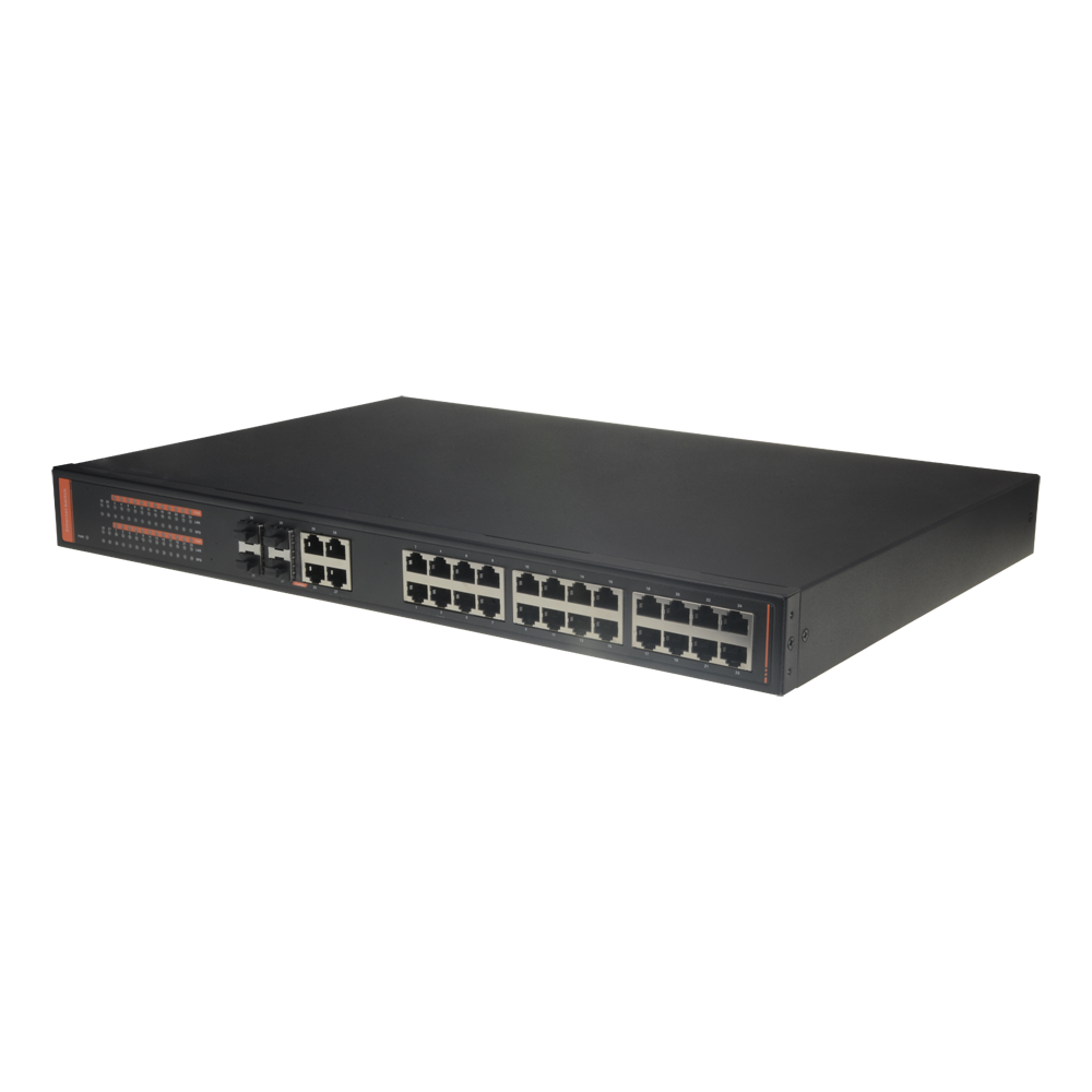 Switch PoE Gigabit - 24 Puertos PoE + 4 Puertos combi (SFP+RJ45) - Velocidad 10/100/1000 Mbps - Potencia 30 W por puerto - Potencia máxima total 350 W - IEEE802.3at (PoE) / af (PoE+) estándar