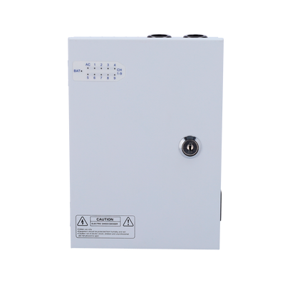 Power distribution box - 1 input AC 180-246 V 50-60Hz - 9 outputs with copper pair - Resettable protection fuse - Output voltage 12 V / 120 W - Metallic body