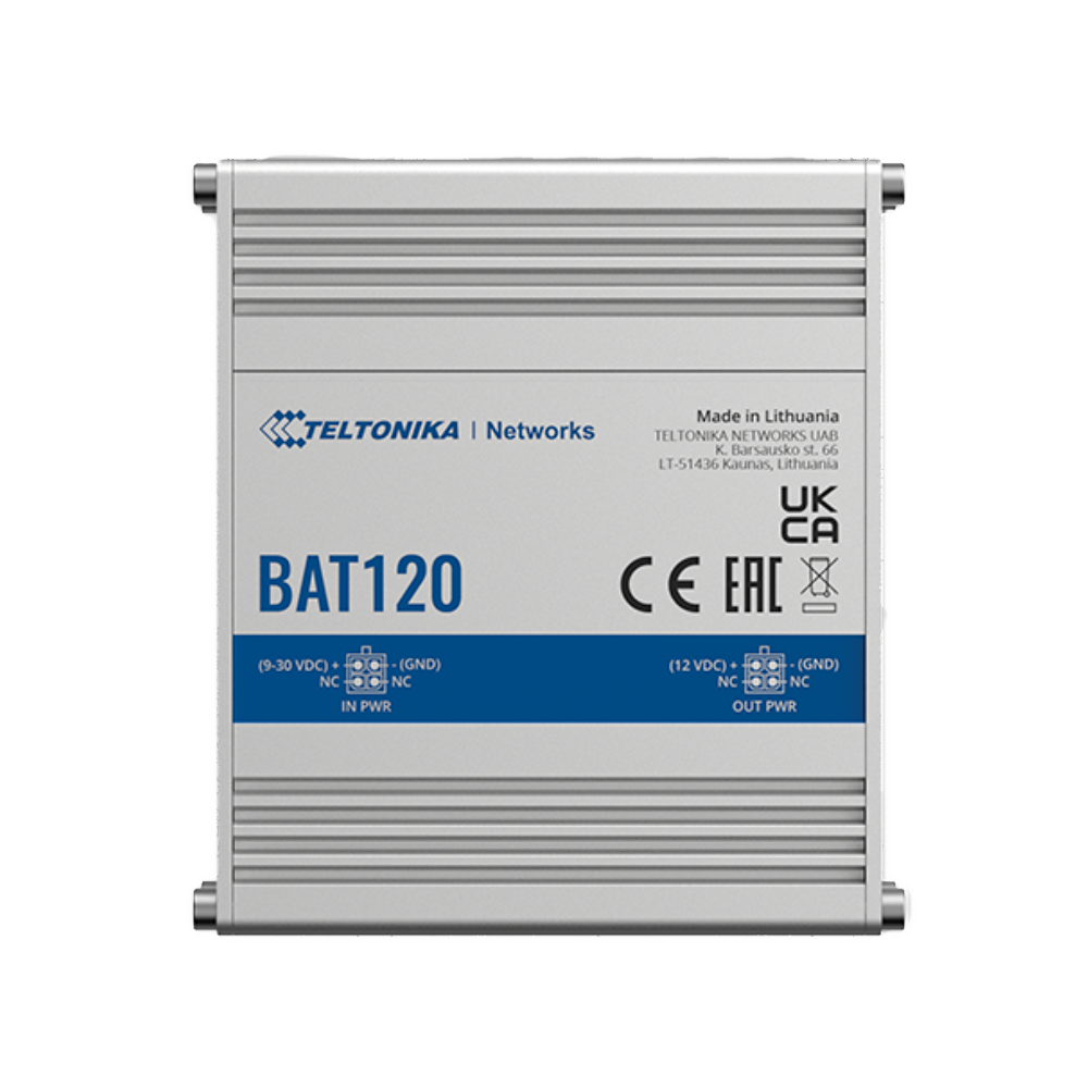 Teltonika UPS - Tensione in ingresso 9 - 30 VDC / Uscita 9 - 30 VDC - Protezione contro l'inversione di polarità - Protezione dalle sovratensioni - 2 Batterie agli ioni di litio 8650 (incluse) - Capacità della batteria 2300 mAh 17 Wh