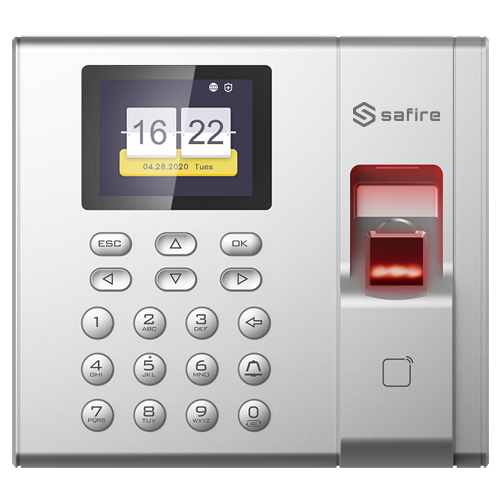 Control de acceso y presencia - Huellas, tarjeta EM y teclado - 3.000 grabaciones / 100.000 registros - TCP/IP, USB, USB, modo presencia - Controlador integrado (relé y timbre) - Software Safire Control Center AC