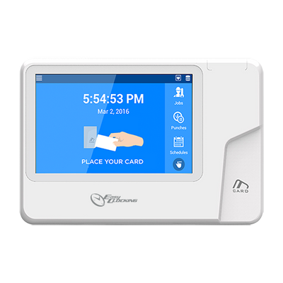 Time and Attendance Control - EM RFID cards and keyboard - 1,000 users / 1,000,000 registers - WiFi, TCP/IP, USB and Wiegand and PoE - 5.0" touch screen - EasyClocking cloud software not included.