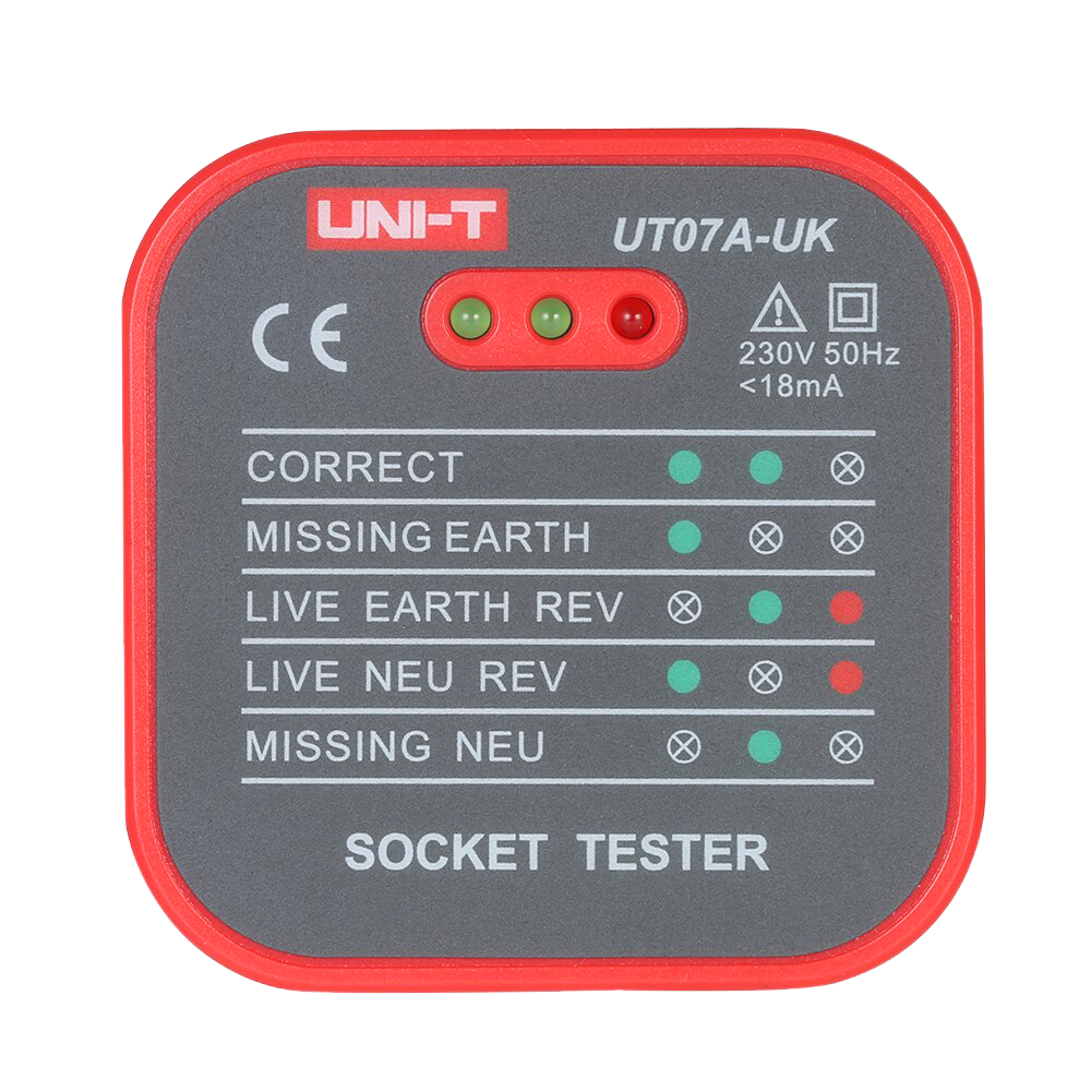 Tester per prese elettriche UK - Verifica degli errori di cablaggio - Test di tenuta