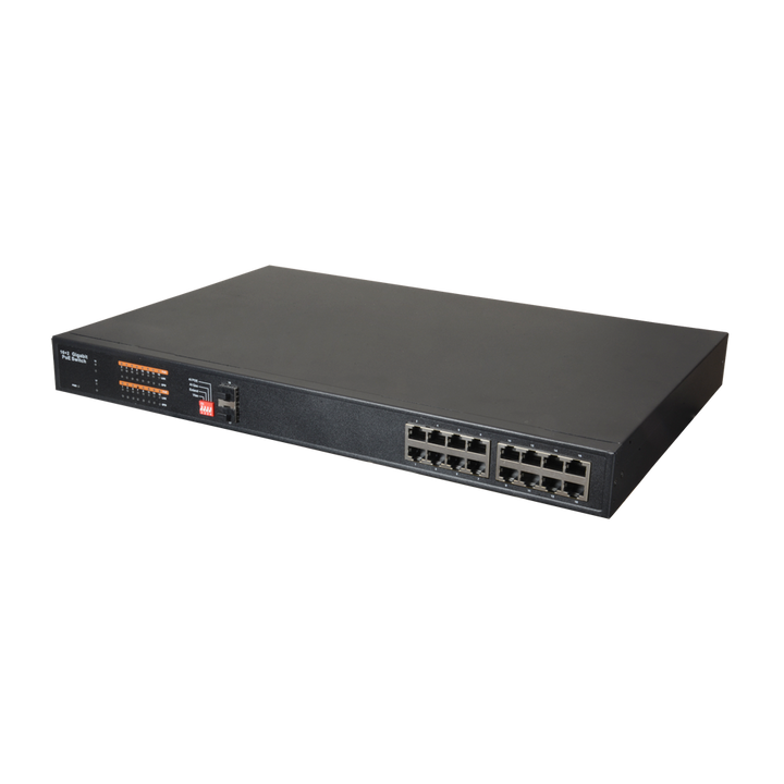 Switch PoE Gigabit - 16 porte PoE + 2 porte SFP - Velocità 10/100/1000 Mbps - Potenza 30 W per porta - Potenza massima totale 250 W - Standard IEEE802.3af (PoE) / a (PoE+)