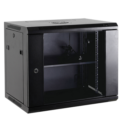 Wall-mounted rack cabinet - Up to 12U 19" rack - Up to 60 Kg load - With ventilation and cable glands - 2 fans, tray, 6-socket power strip included - Unassembled