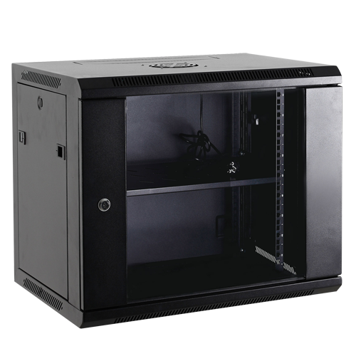 Wall-mounted rack cabinet - Up to 12U 19" rack - Up to 60 Kg load - With ventilation and cable glands - 2 fans, tray, 6-socket power strip included - Unassembled