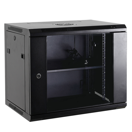 Armadio rack a parete - Fino a 12U rack da 19" - Fino a 60 Kg di carico - Con ventilazione e passacavi - 2 ventola, vassoio, ciabatta a 6 prese inclusi - Non assemblato