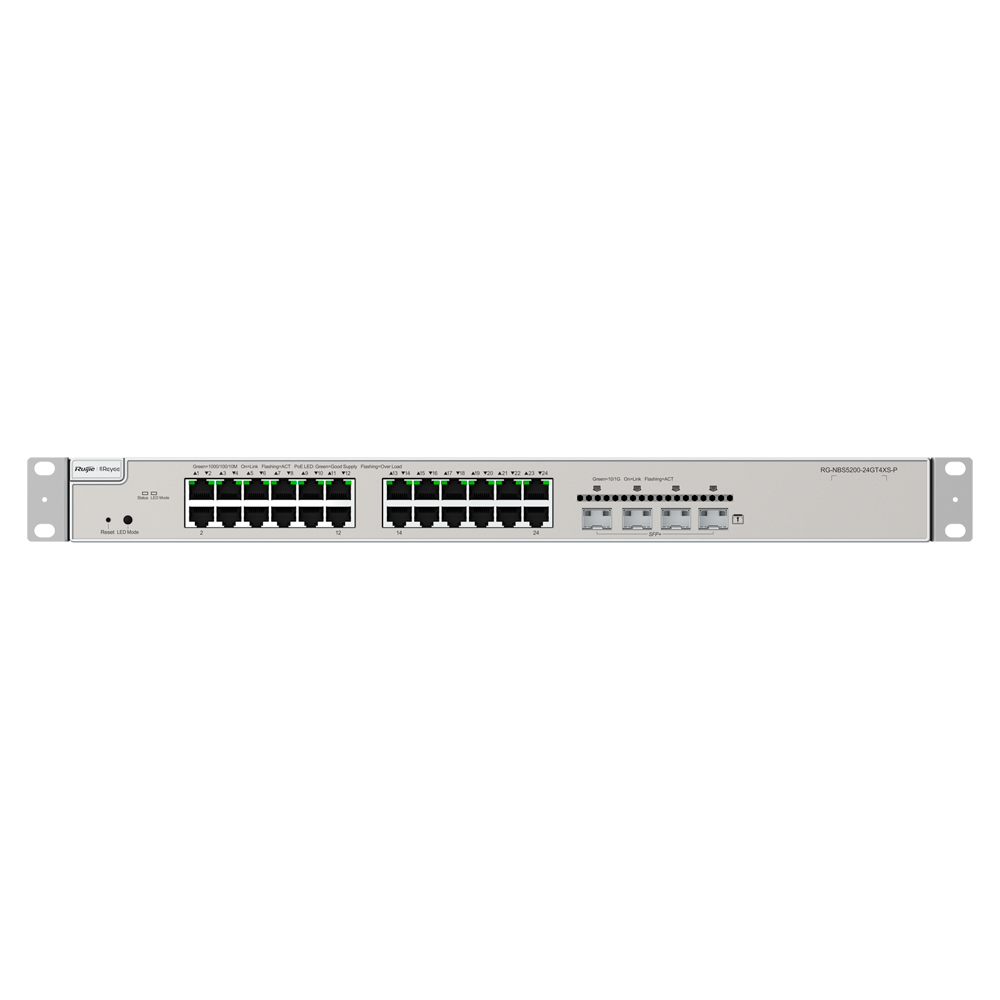 Reyee Switch PoE Cloud Capa 2+ - 24 puertos PoE RJ45 Gigabit + 4 SFP+ 10Gb - 30W por puerto 802.3af/at / Máximo 370W - Static LAG/DHCP Snoop/IGMP Snoop/Port Mirror - VLAN/Port Isolation/STP/RSTP/ACL/QoS - Servidor DHCP/Rutas estáticas