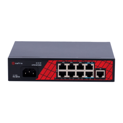 Switch Safire Hi-PoE - 8 puertos PoE + 1 Uplink RJ45 - Velocidad de puerto 10/100Mbps - 6 puertos PoE+ 30W + 2 puertos Hi-PoE 60W - Potencia PoE total 120W - Watchdog PoE / Auto PoE Alcance extendido 250m