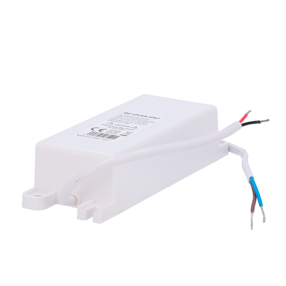 Power supply - DC 12 V 5 A output - AC 230V 50Hz output - Waterproof IP67 - Protection: Overload/Overvoltage/Overtemperature - White color