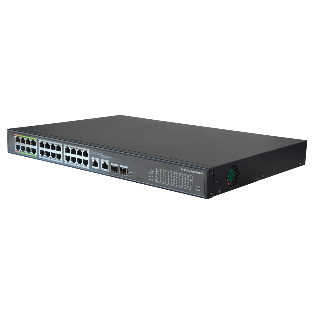 Switch ePoE X-Security - 24 porte PoE + 2 Gigabit Combo Port - Fino a 800 metri di trasmissione - 60 W per porta (1&2) / Massimo 360W - VLAN/STP/RSTP/QoS/802.1X - LACP/Static LAG/Port Mirroring